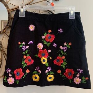 Topshop 100% Cotton Black Skirt with Colorful Floral Embroidery